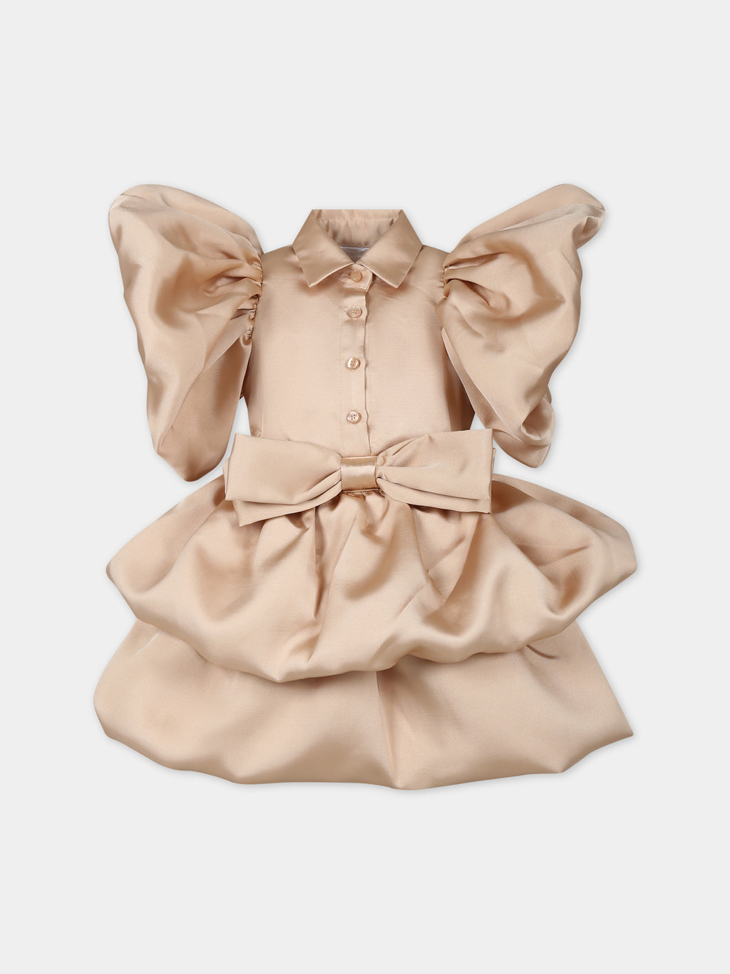 Beige dress for girl with ruffles and bow